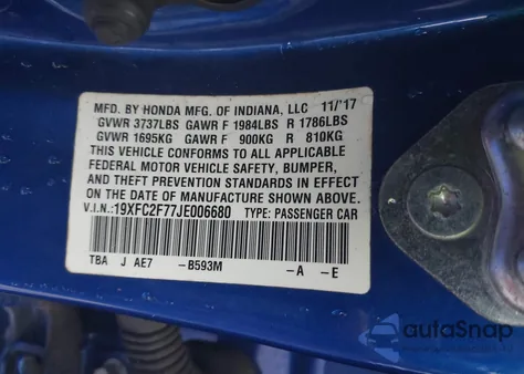 2018 Honda Civic Ex from USA, damaged, VIN 19XFC2F77JE006680
